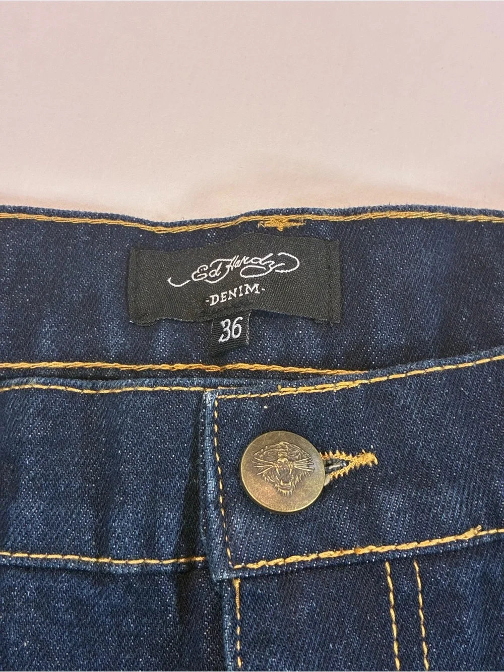 Ed Hardy Dark Blue Jeans with Yellow Script and Neon Skull Artwork